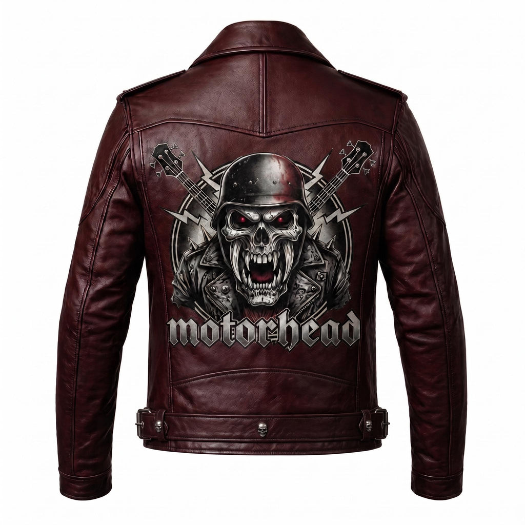 Motorhead Inspired Skull Print Leather Biker Jacket – Men's Gothic Rock Rider Coat