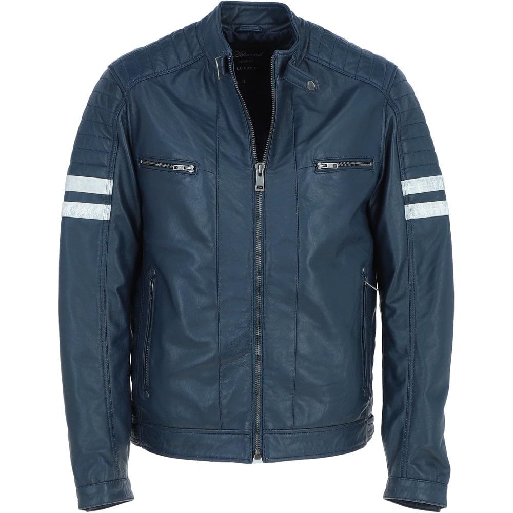 Men's Real Leather Biker Jacket With Stitch Detailings Navy