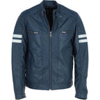 Men's Real Leather Biker Jacket With Stitch Detailings Navy