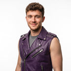 Men's Handmade Purple Leather Biker Vest | Studded Punk Rock Motorcycle Jacket