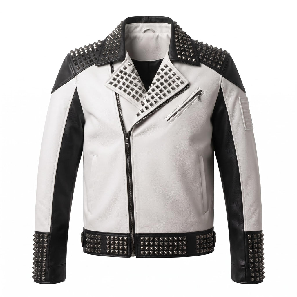 Men's Handmade Two-Tone Leather Biker Jacket | Studded Moto Punk Rock