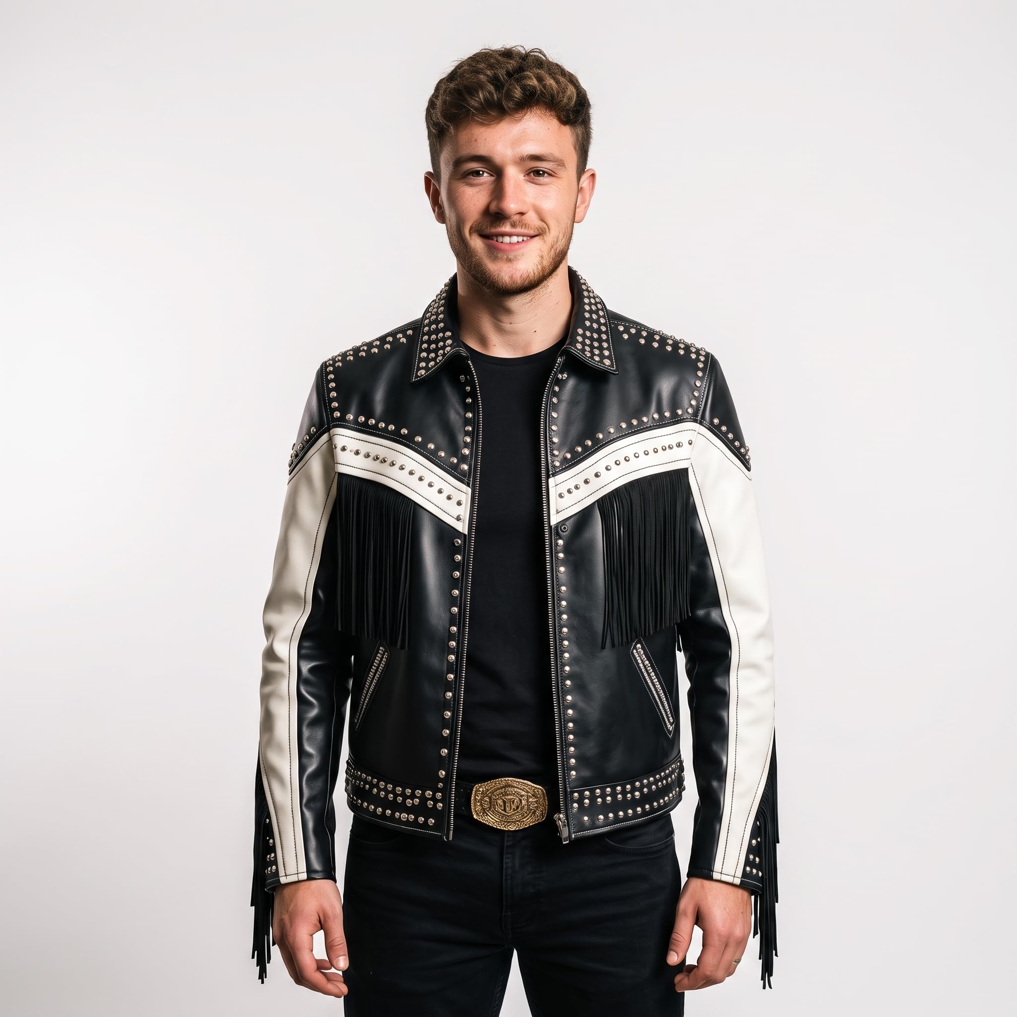 Man's Handmade Western Fringe Leather Jacket | Studded Cowboy Biker Coat