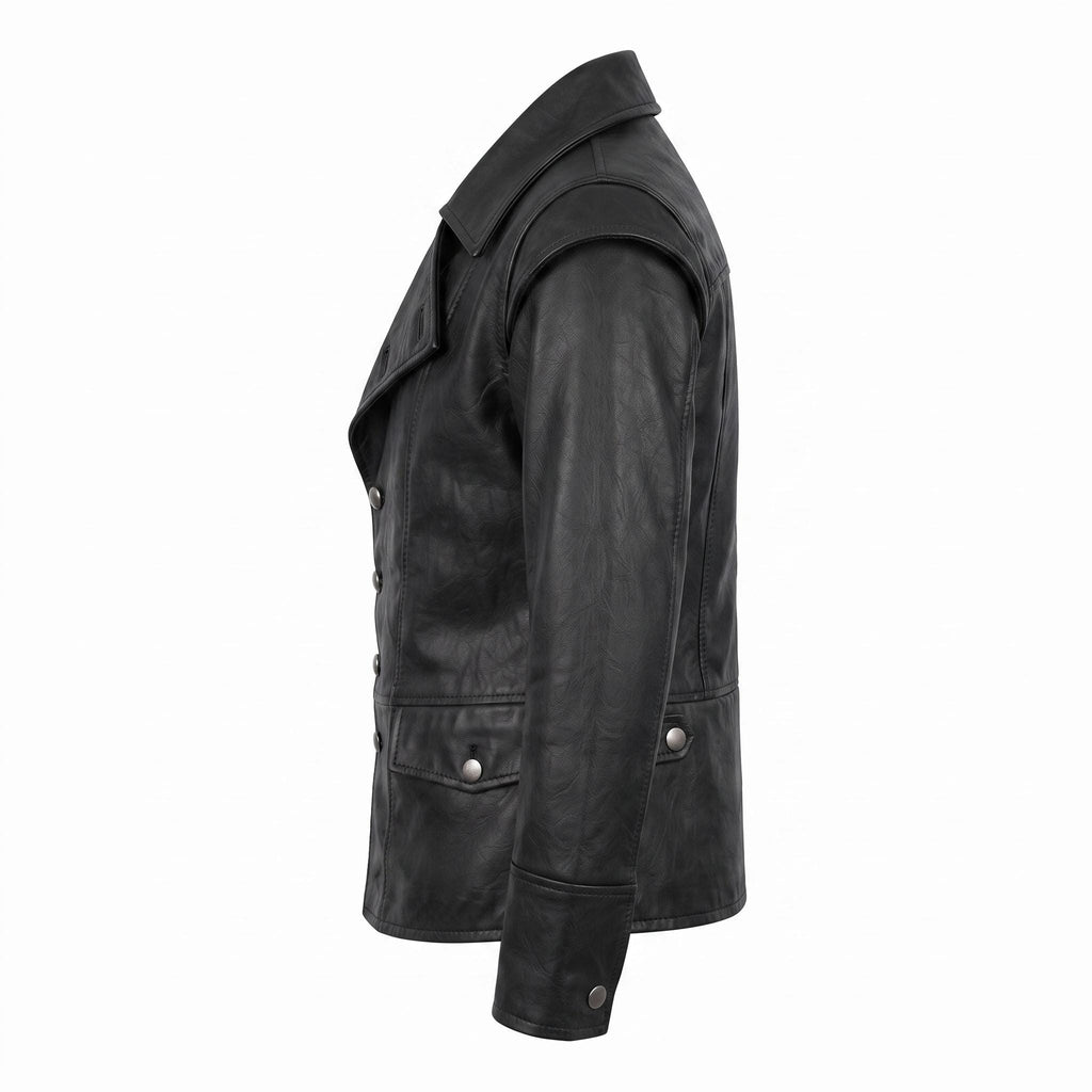 Men's Navy Blue Asymmetrical Military Leather Jacket – Handmade Blazer Coat