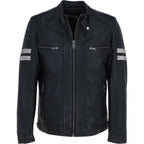 Men's Real Leather Biker Jacket With Stitch Detailings Navy
