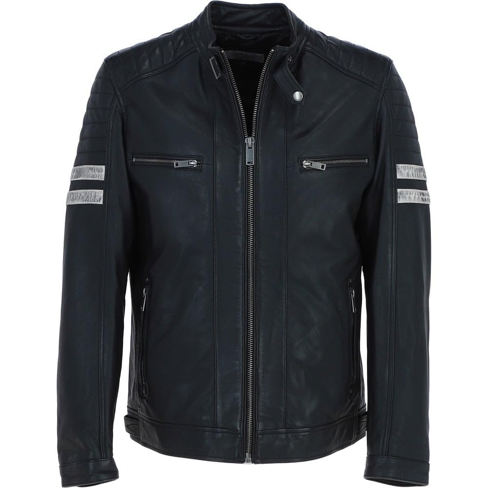 Men's Real Leather Biker Jacket With Stitch Detailings Navy