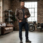 Motorcycle jacket with skull back | brown leather biker jacket | vintage moto style