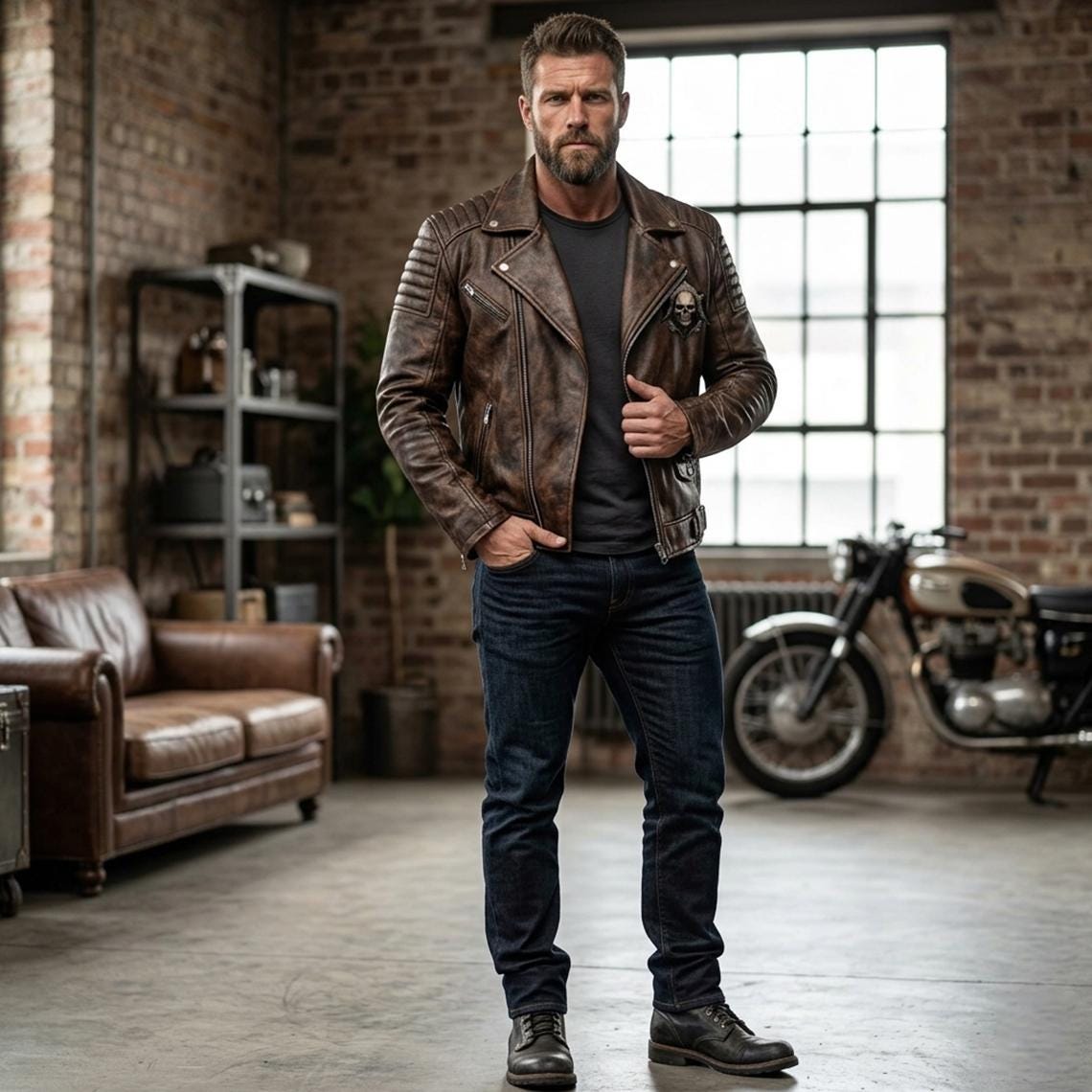 Motorcycle jacket with skull back | brown leather biker jacket | vintage moto style