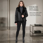 Black Crinkled Leather Aviator Jacket, Women's Shearling Trim Bomber