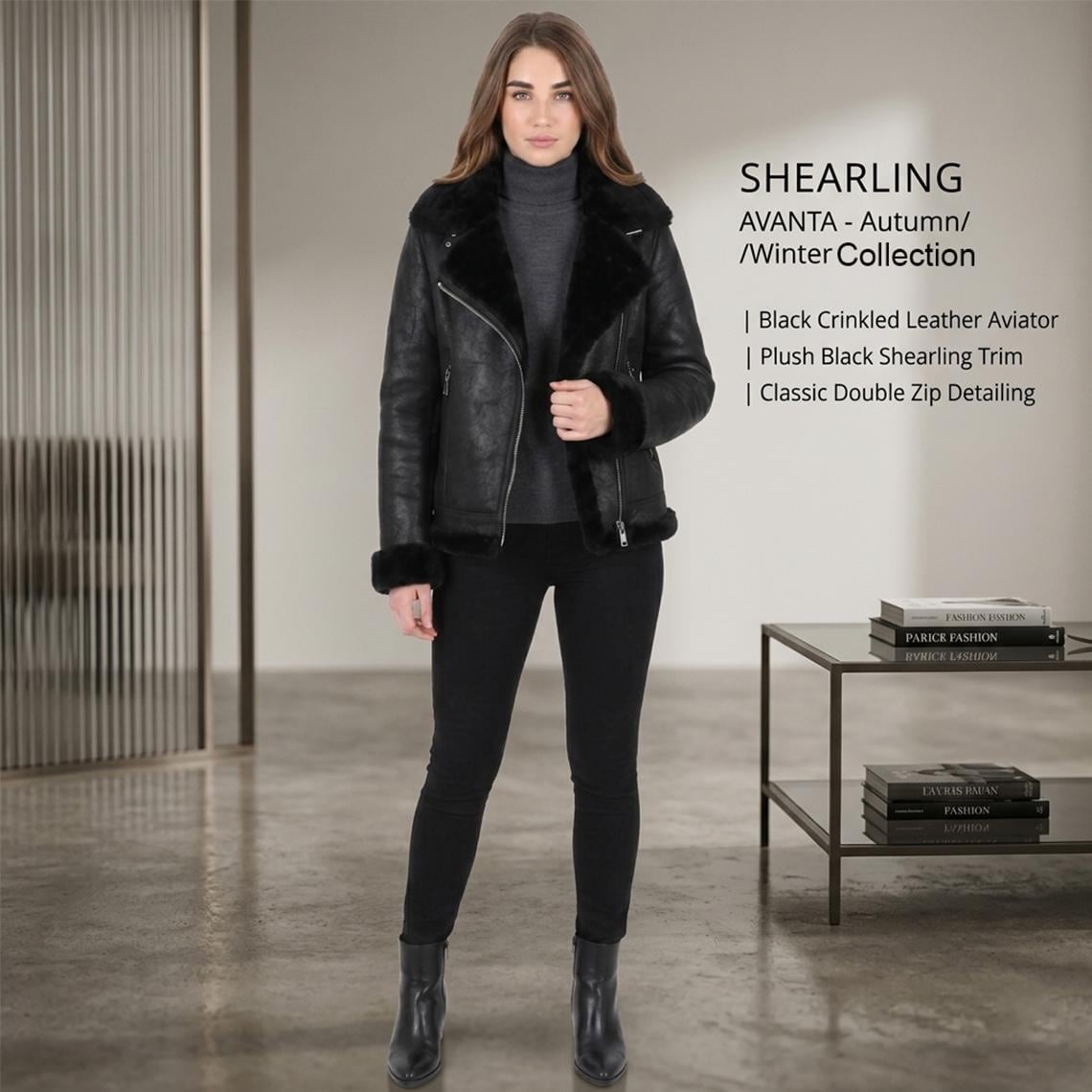 Black Crinkled Leather Aviator Jacket, Women's Shearling Trim Bomber