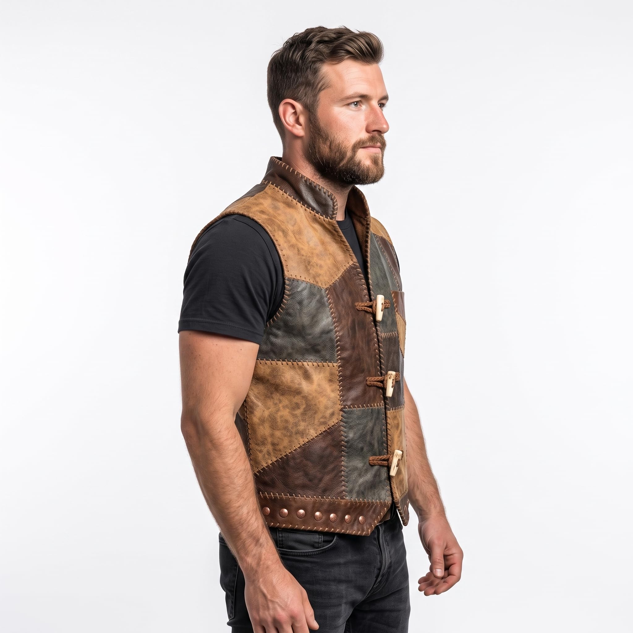 Men's Patchwork Leather Vest | Handmade Genuine Leather Vest|Vintage Patch Leather Vest|Rustic Biker Motorcycle Vest