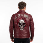 Men's Vintage Crimson Red Skull Leather Jacket | Motorcycle Jacket with Skull Back