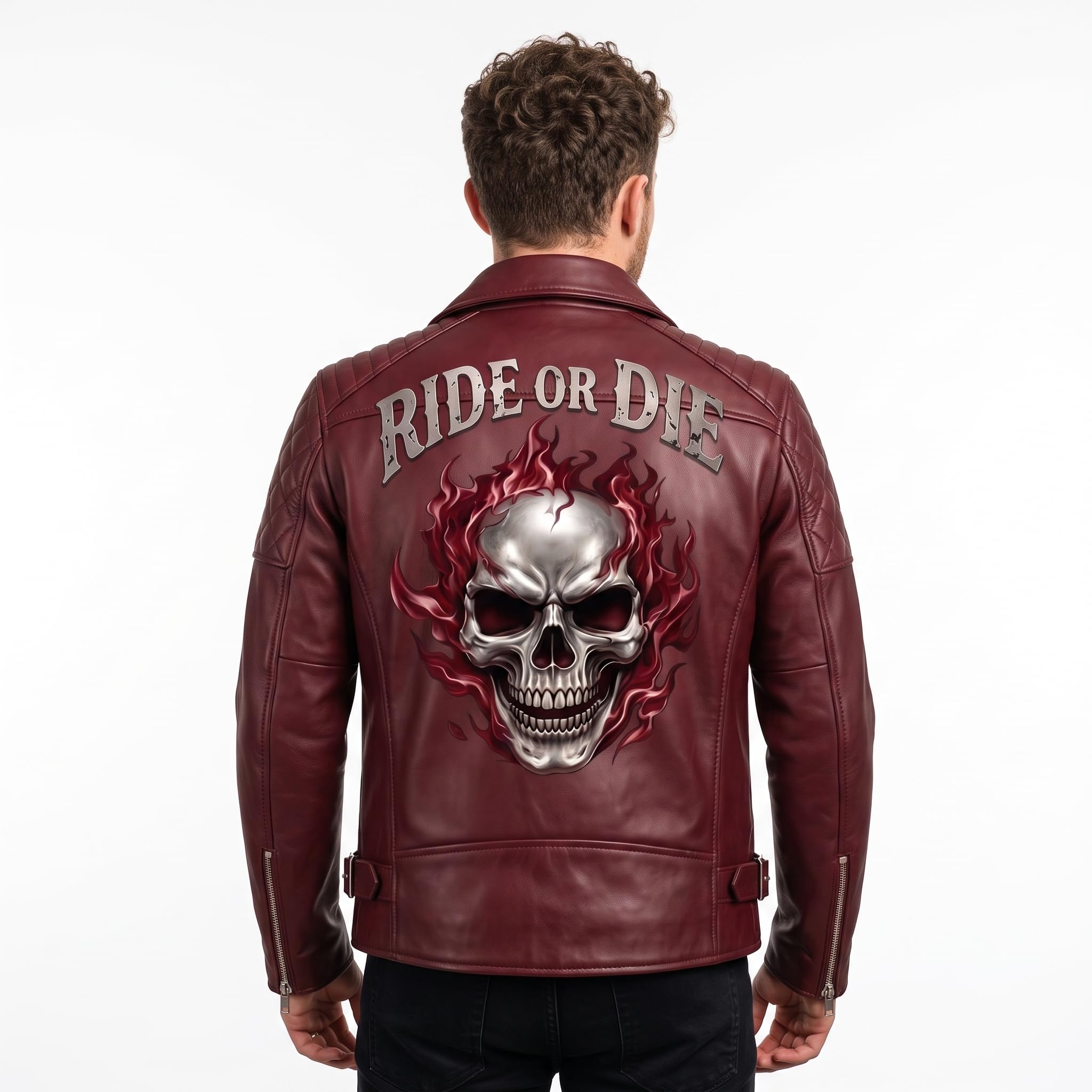 Men's Vintage Crimson Red Skull Leather Jacket | Motorcycle Jacket with Skull Back