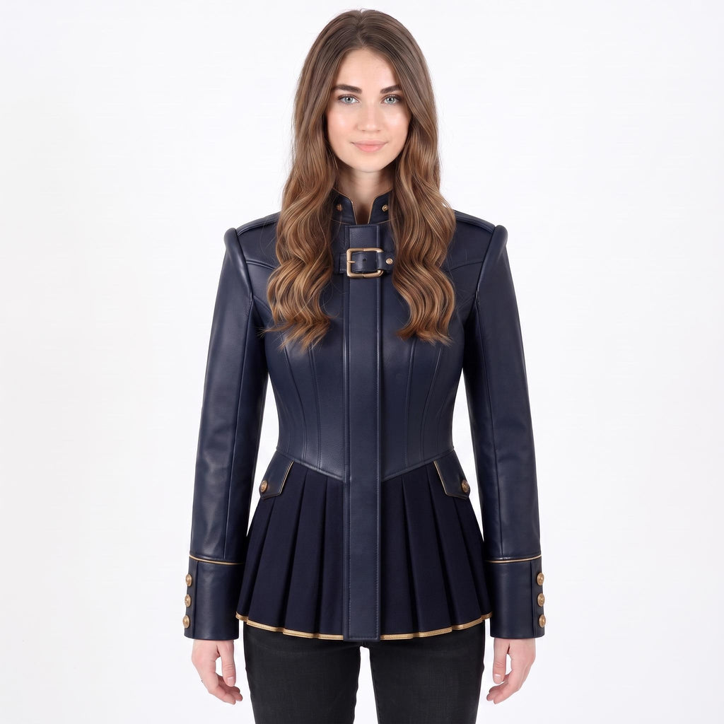 Navy Blue Leather Peplum Jacket: Victorian Military Officer Style Blazer