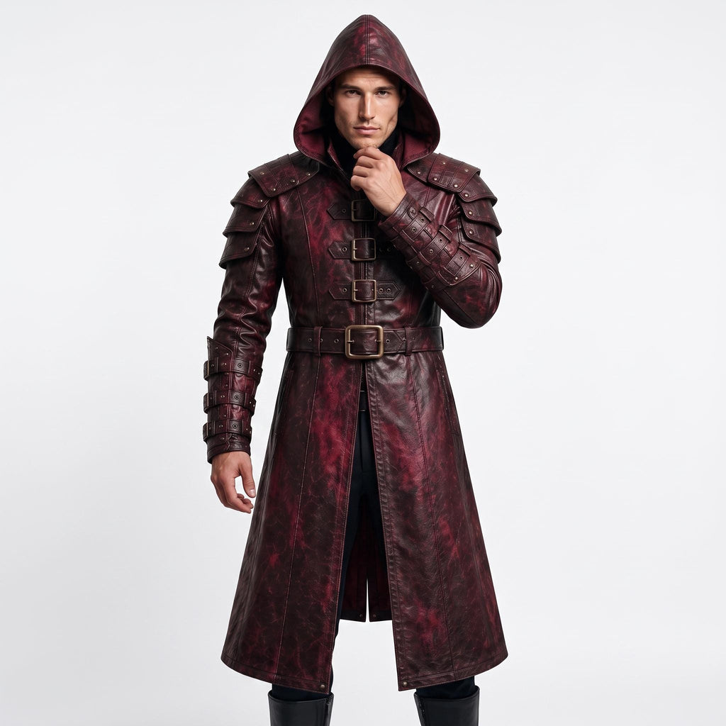 Men's Distressed Burgundy Leather Hooded Armor Coat | Medieval Viking Gothic Cosplay Jacket