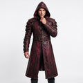 Men's Distressed Burgundy Leather Hooded Armor Coat | Medieval Viking Gothic Cosplay Jacket