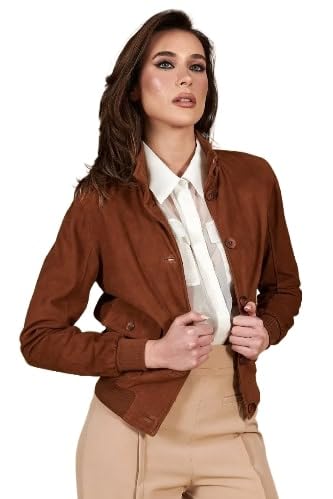 Faty Tan Suede Leather Bomber Jacket with Button Closure – Women's Classic Suede Jacket - Timber AND Hide
