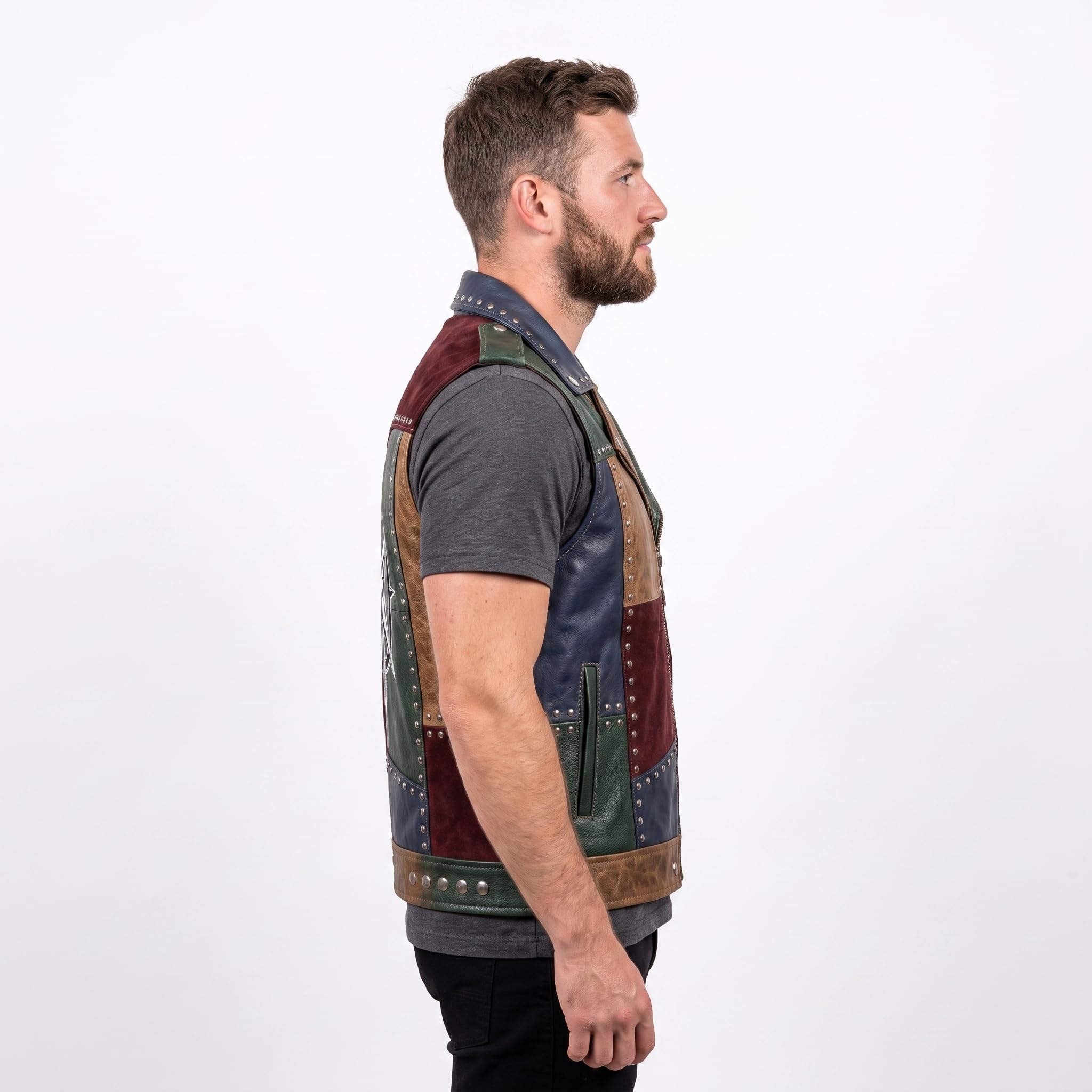 Men's Patch Leather Vest | Printed Leather Jacket | Handmade Patchwork Leather Vest | Studded Biker Vest