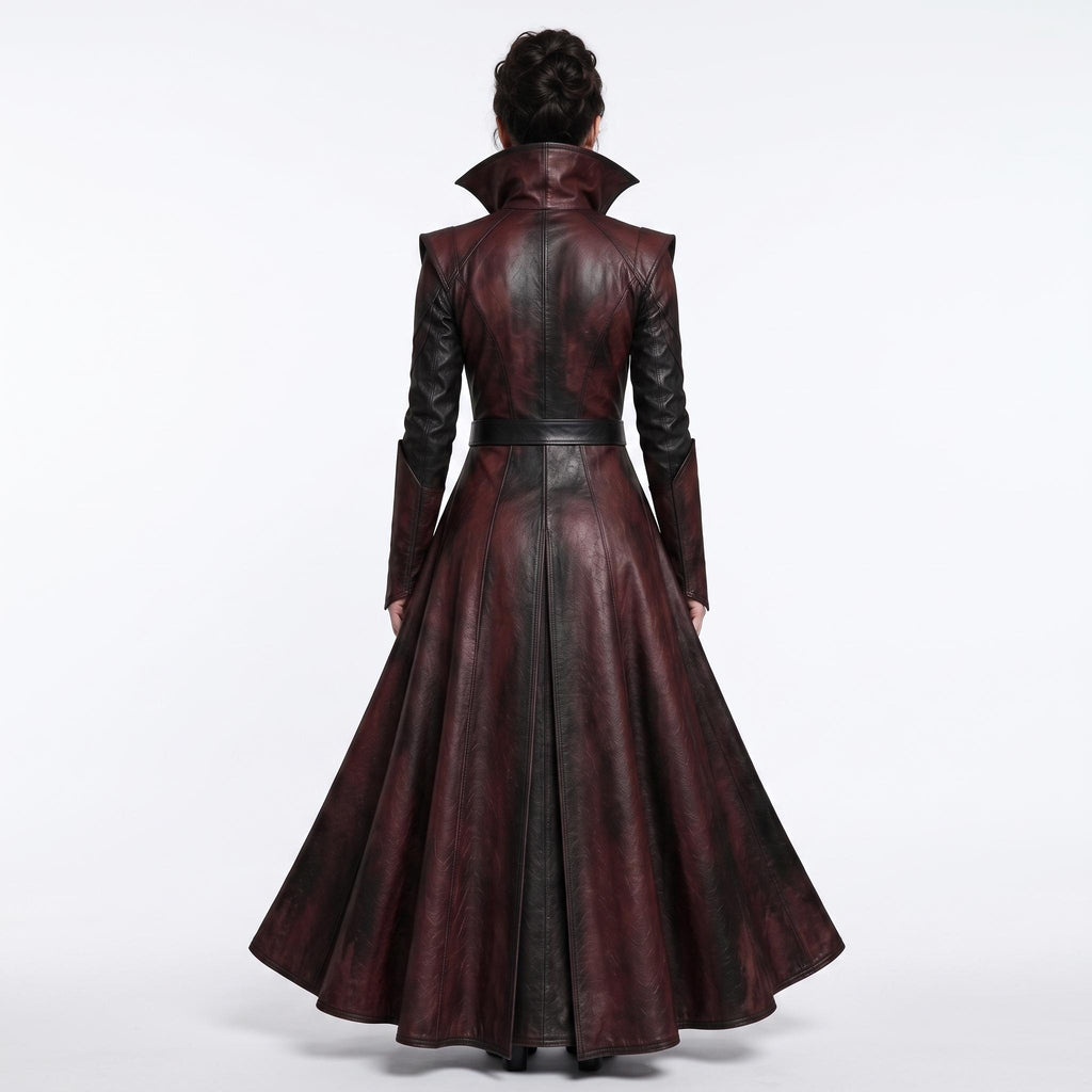 Women's Gothic Vampire Queen Burgundy Leather Trench Coat