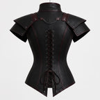 Black Faux Leather Corset Armor | Women's Gothic Burgundy Trim Bodice, Steampunk Warrior Costume Top