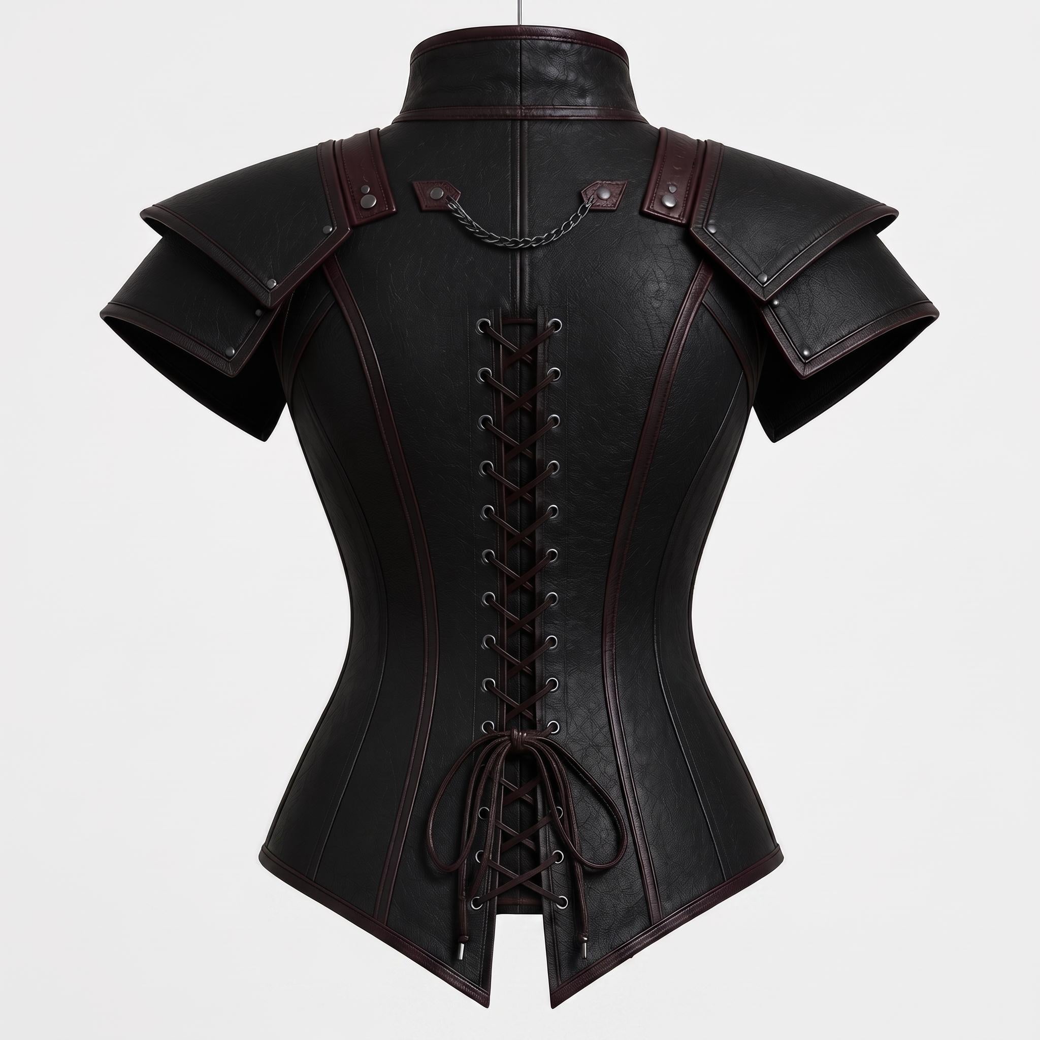 Black Faux Leather Corset Armor | Women's Gothic Burgundy Trim Bodice, Steampunk Warrior Costume Top