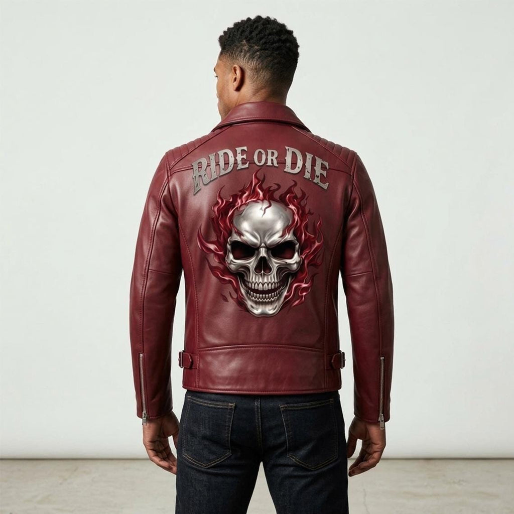 Ghost Rider Inspired Crimson Red Leather Biker Jacket | Flaming Skull Graphic, Ride or Die - Timber AND Hide