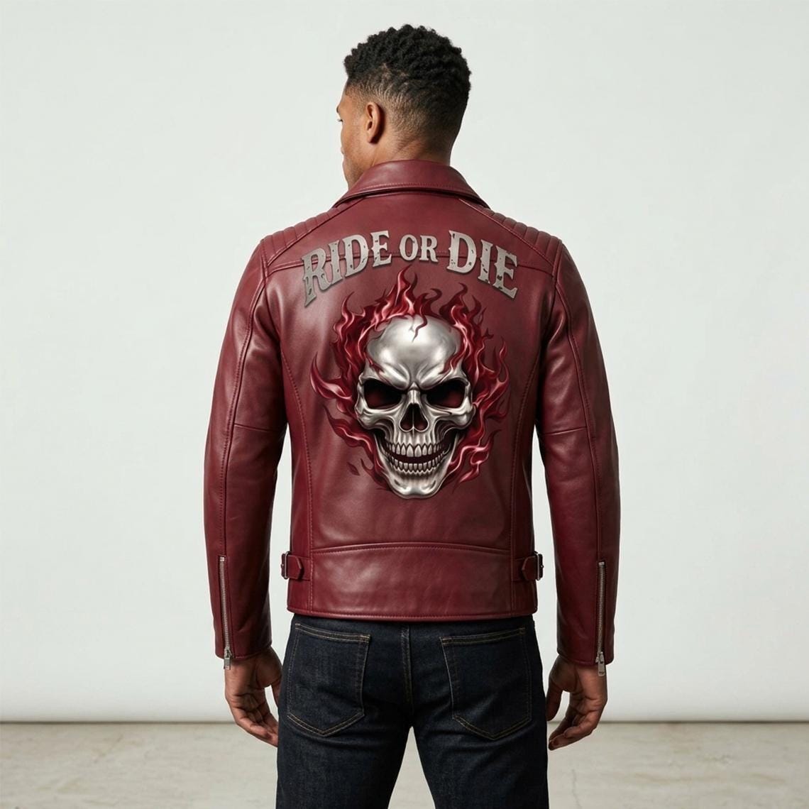 Ghost Rider Inspired Crimson Red Leather Biker Jacket | Flaming Skull Graphic, Ride or Die - Timber AND Hide