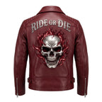 Ghost Rider Inspired Crimson Red Leather Biker Jacket | Flaming Skull Graphic, Ride or Die - Timber AND Hide