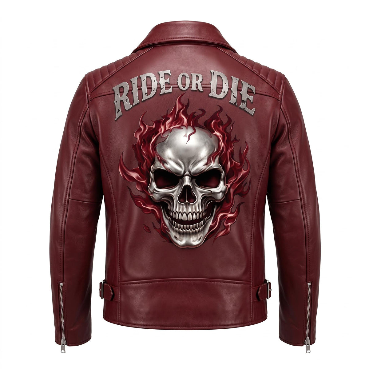 Ghost Rider Inspired Crimson Red Leather Biker Jacket | Flaming Skull Graphic, Ride or Die - Timber AND Hide