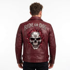 Ghost Rider Inspired Crimson Red Leather Biker Jacket | Flaming Skull Graphic, Ride or Die - Timber AND Hide