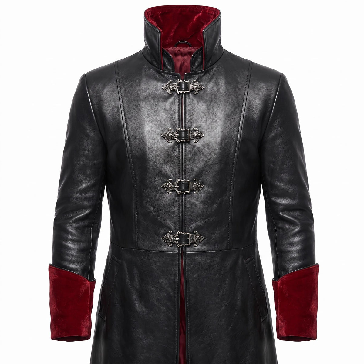 Gothic Black Faux-Leather Trench Coat with Red Accents – Victorian Duster Jacket - Timber AND Hide