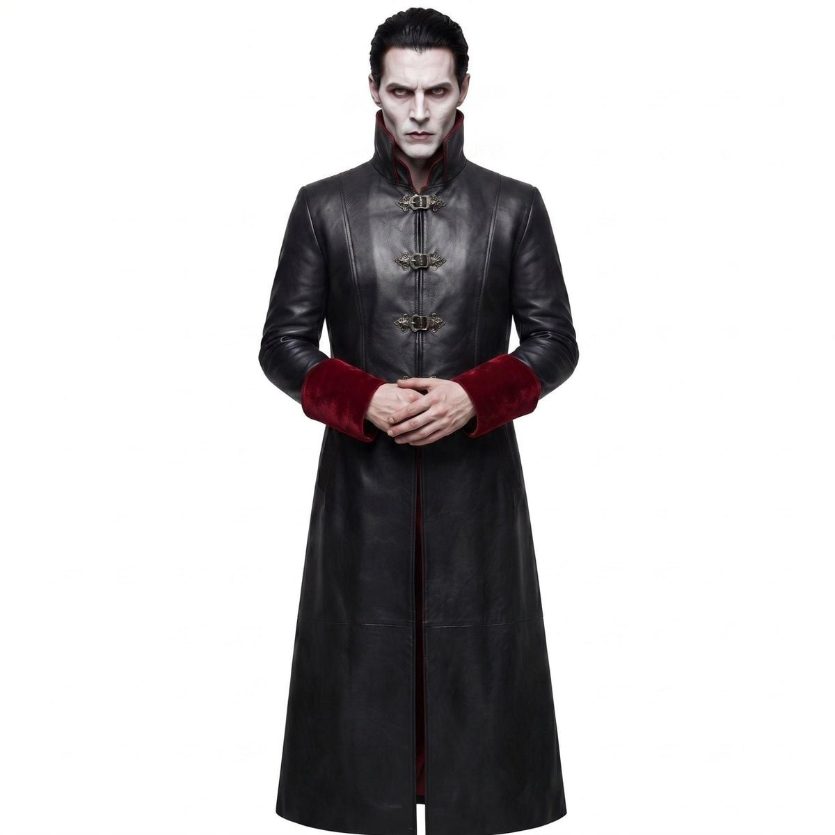 Gothic Black Faux-Leather Trench Coat with Red Accents – Victorian Duster Jacket - Timber AND Hide