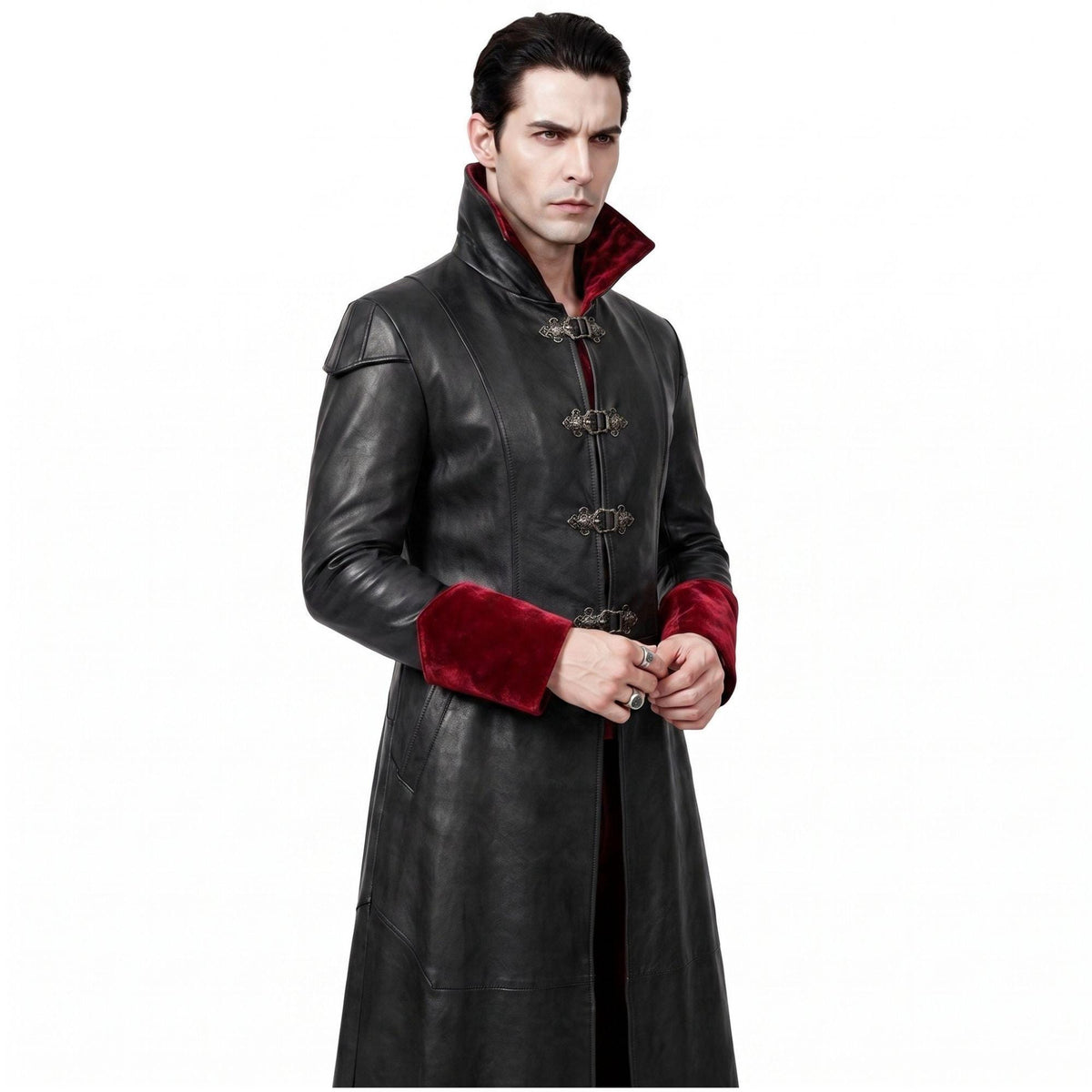 Gothic Black Faux-Leather Trench Coat with Red Accents – Victorian Duster Jacket - Timber AND Hide