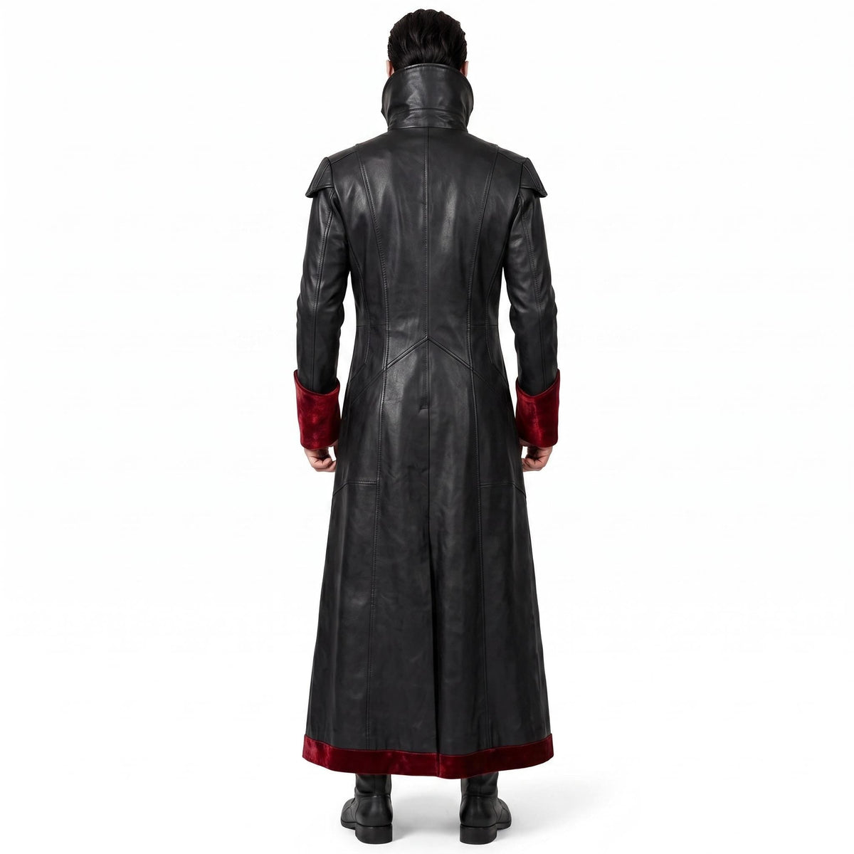 Gothic Black Faux-Leather Trench Coat with Red Accents – Victorian Duster Jacket - Timber AND Hide