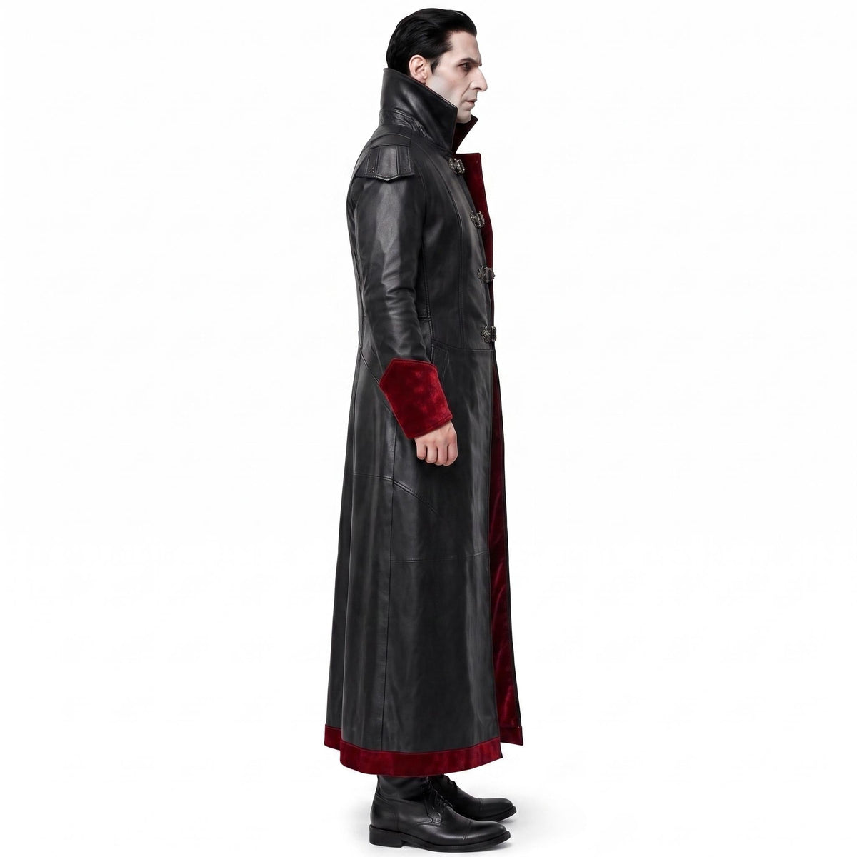 Gothic Black Faux-Leather Trench Coat with Red Accents – Victorian Duster Jacket - Timber AND Hide
