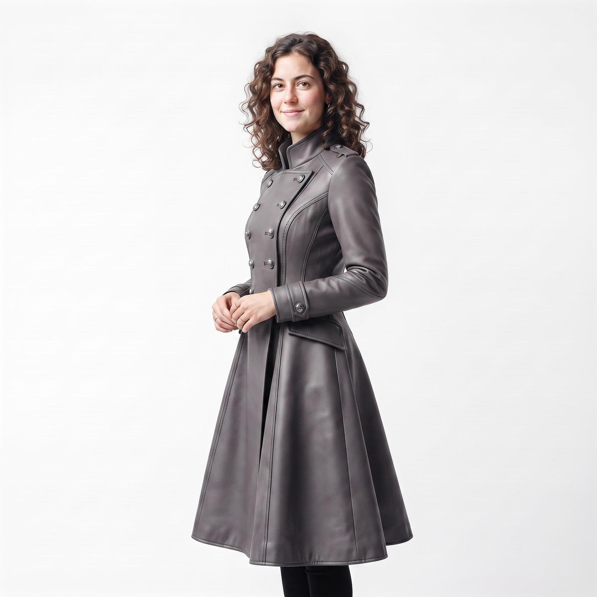 Grey Leather Military Coat, Double Breasted Gothic Victorian Jacket - Timber AND Hide