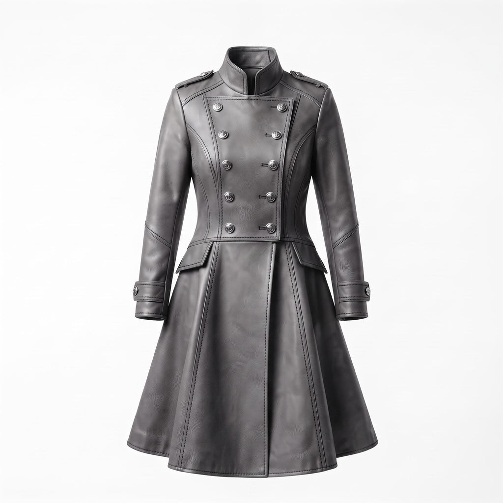 Grey Leather Military Coat, Double Breasted Gothic Victorian Jacket - Timber AND Hide