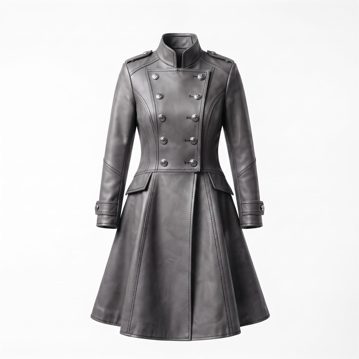 Grey Leather Military Coat, Double Breasted Gothic Victorian Jacket - Timber AND Hide