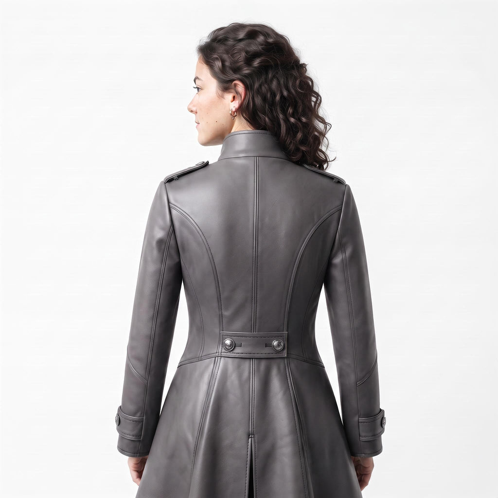 Grey Leather Military Coat, Double Breasted Gothic Victorian Jacket - Timber AND Hide