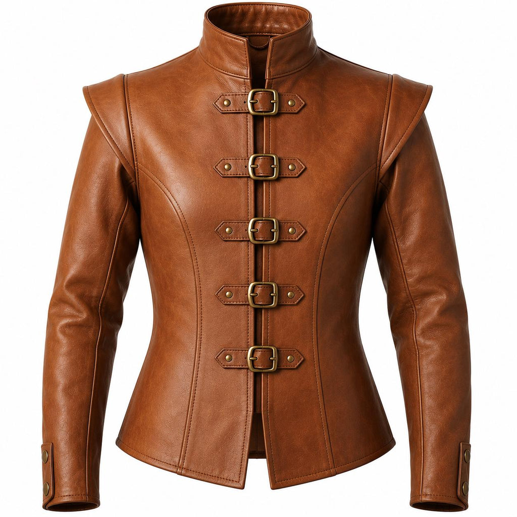 Handmade Cognac Leather Doublet Jacket | Medieval Sword Detail, Renaissance Cosplay - Timber AND Hide