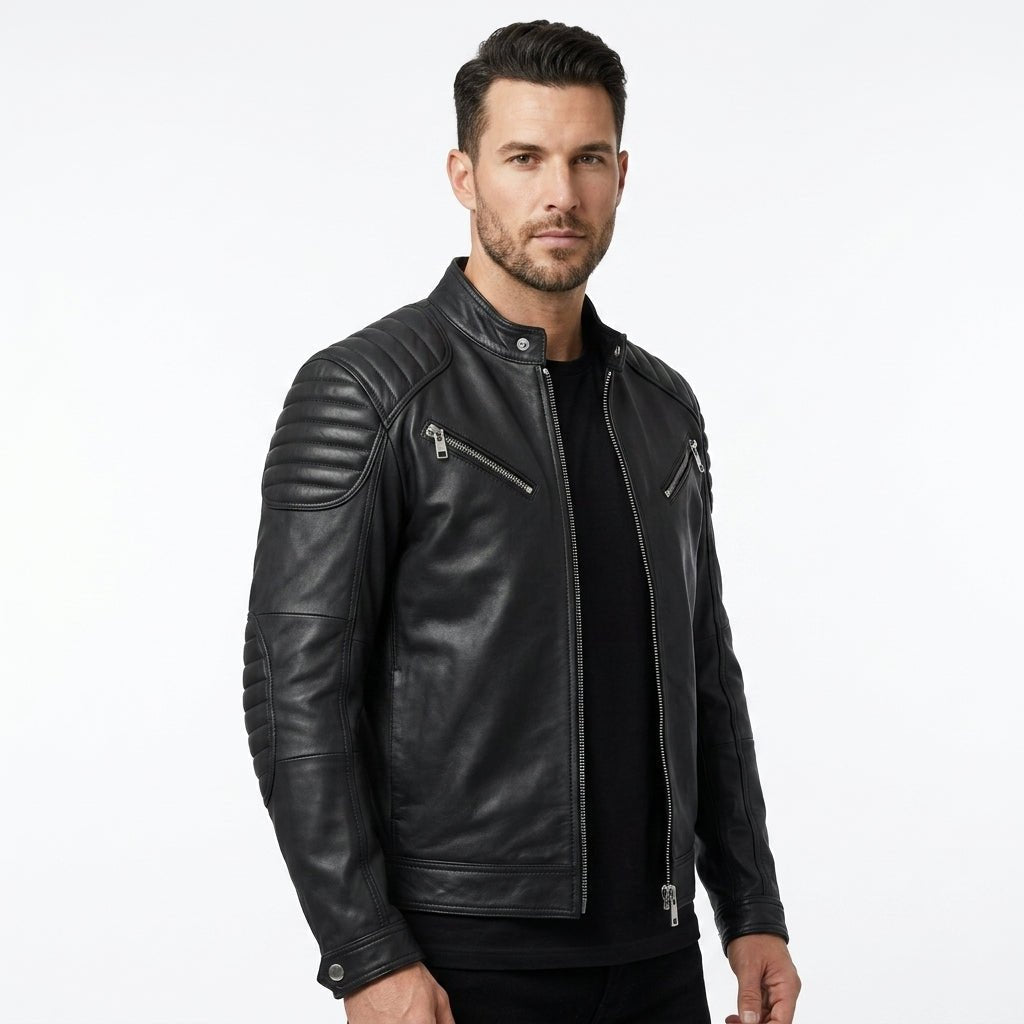 Men Black Biker Leather Jacket - Timber AND Hide