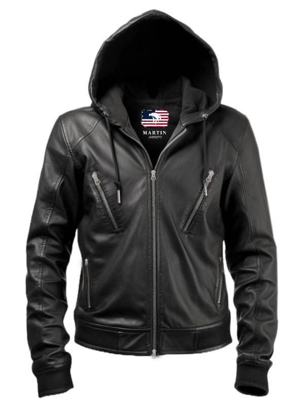 Men Black Hooded Leather Jacket – Hooded Black Jacket
