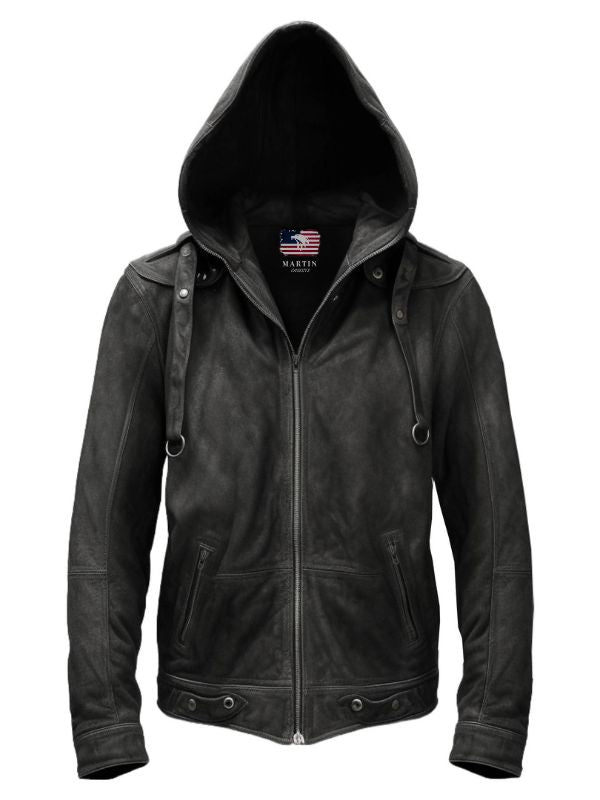 Men’s Black Hooded Suede Leather Jacket