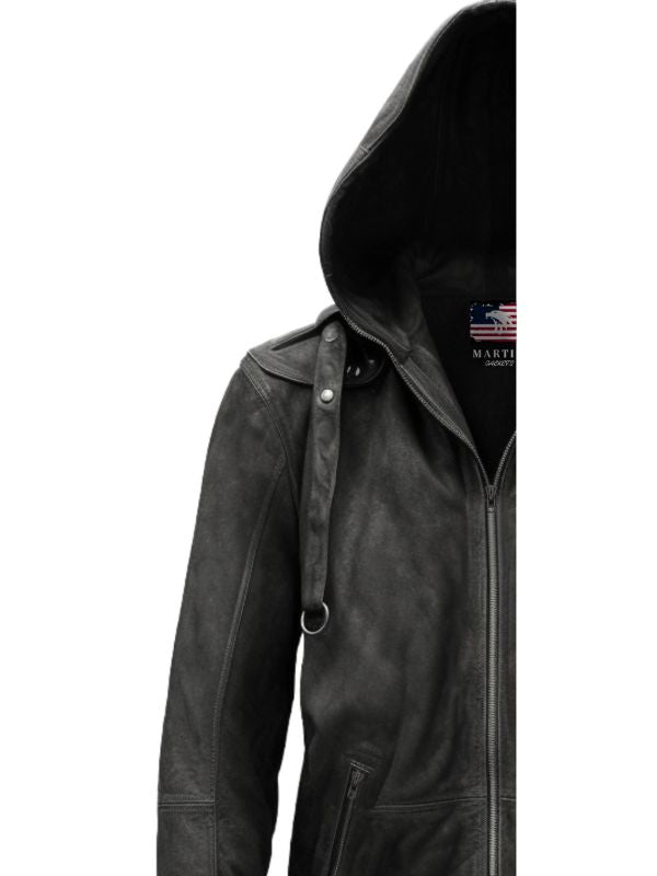 Men’s Black Hooded Suede Leather Jacket