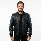 Men Bomber Leather Jacket - Blue Black Bomber Jacket - Timber AND Hide