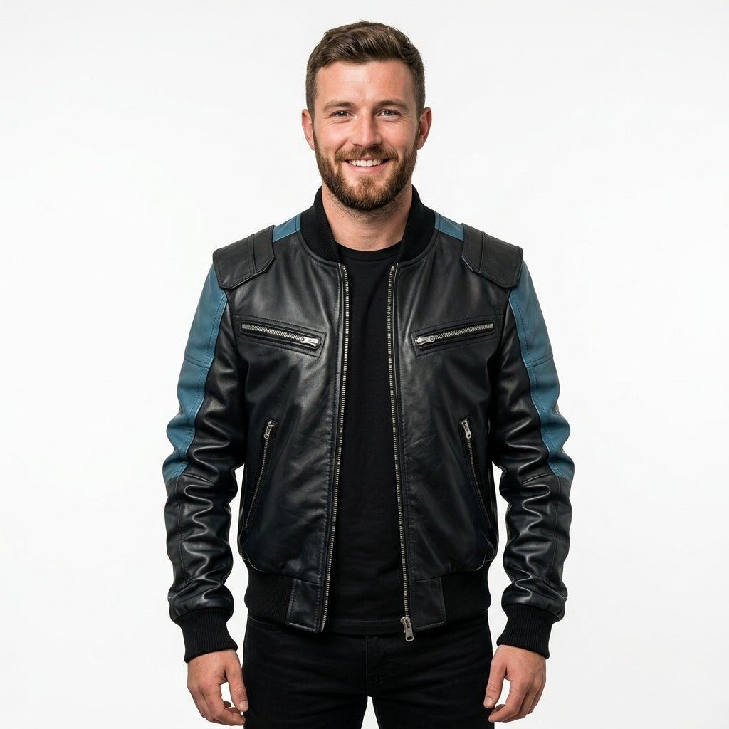 Men Bomber Leather Jacket - Blue Black Bomber Jacket - Timber AND Hide