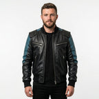Men Bomber Leather Jacket - Blue Black Bomber Jacket - Timber AND Hide
