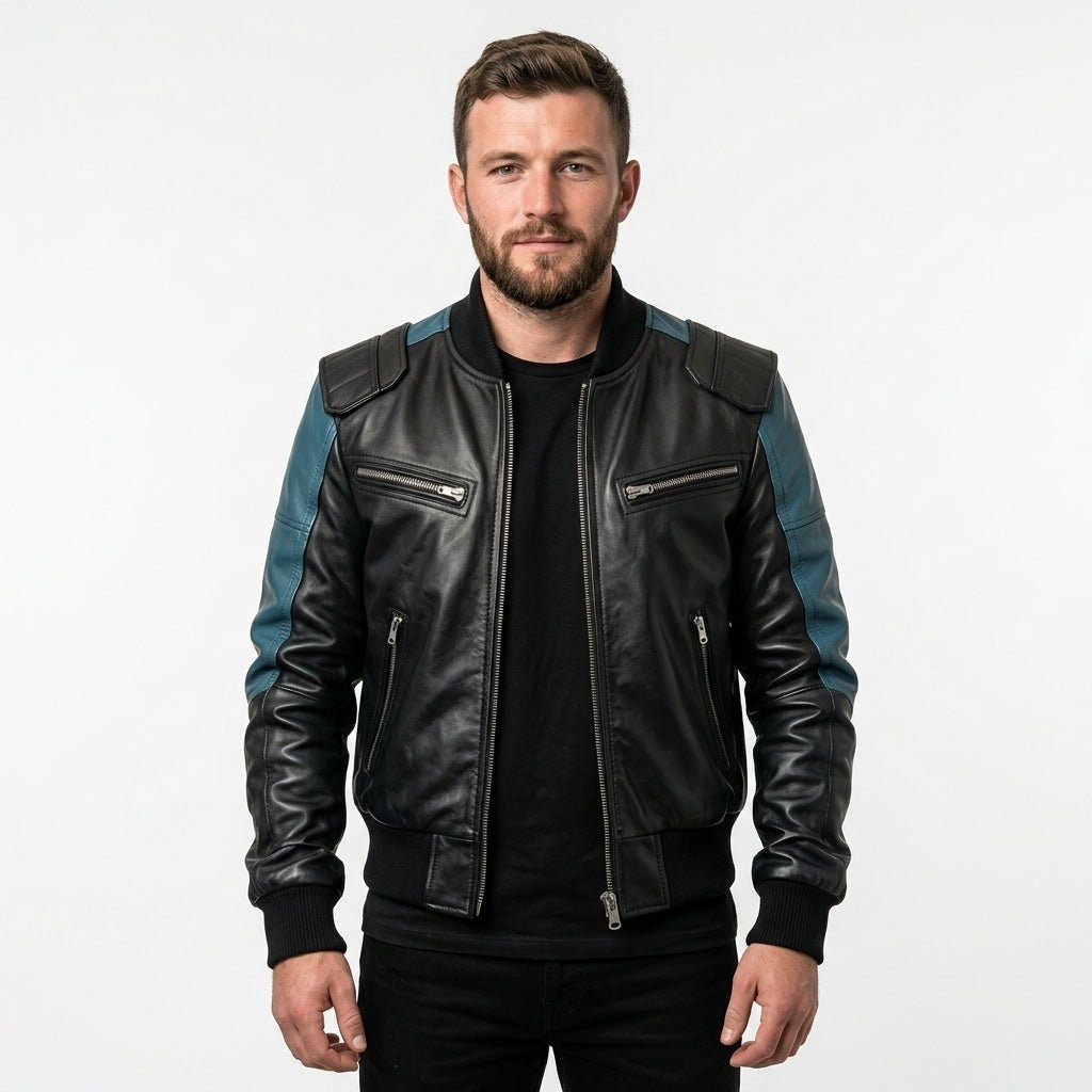 Men Bomber Leather Jacket - Blue Black Bomber Jacket - Timber AND Hide