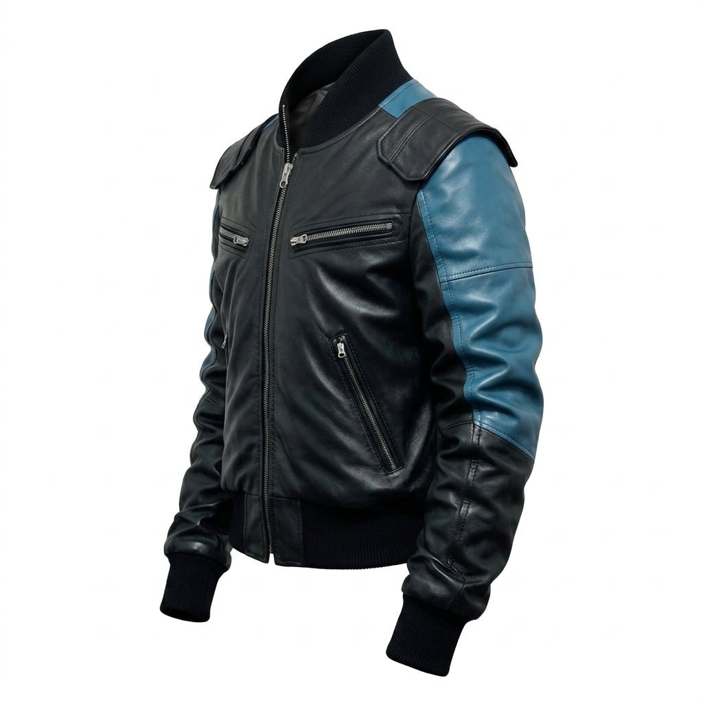 Men Bomber Leather Jacket - Blue Black Bomber Jacket - Timber AND Hide