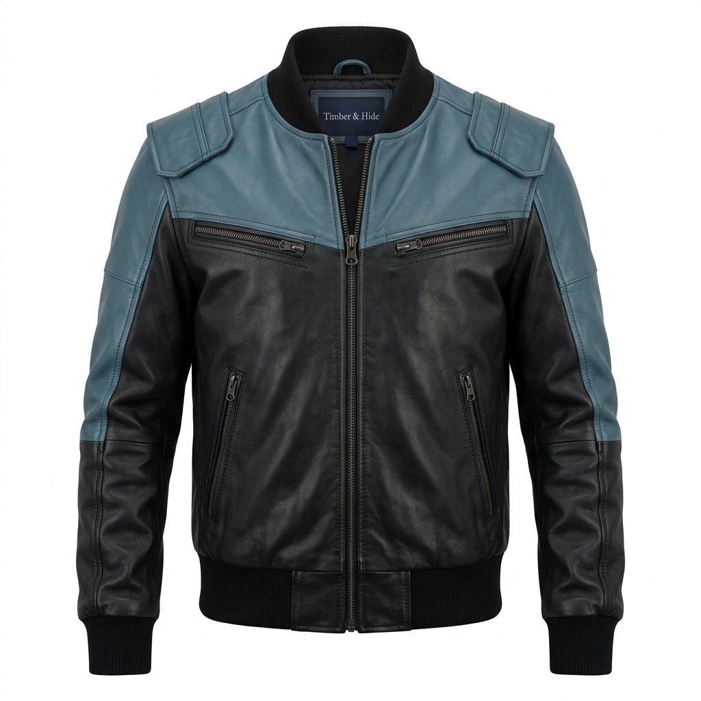 Men Bomber Leather Jacket - Blue Black Bomber Jacket - Timber AND Hide
