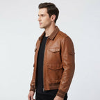 Men Brown Strap Pockets Bomber Leather Jacket – Bomber Jacket Mens - Timber AND Hide